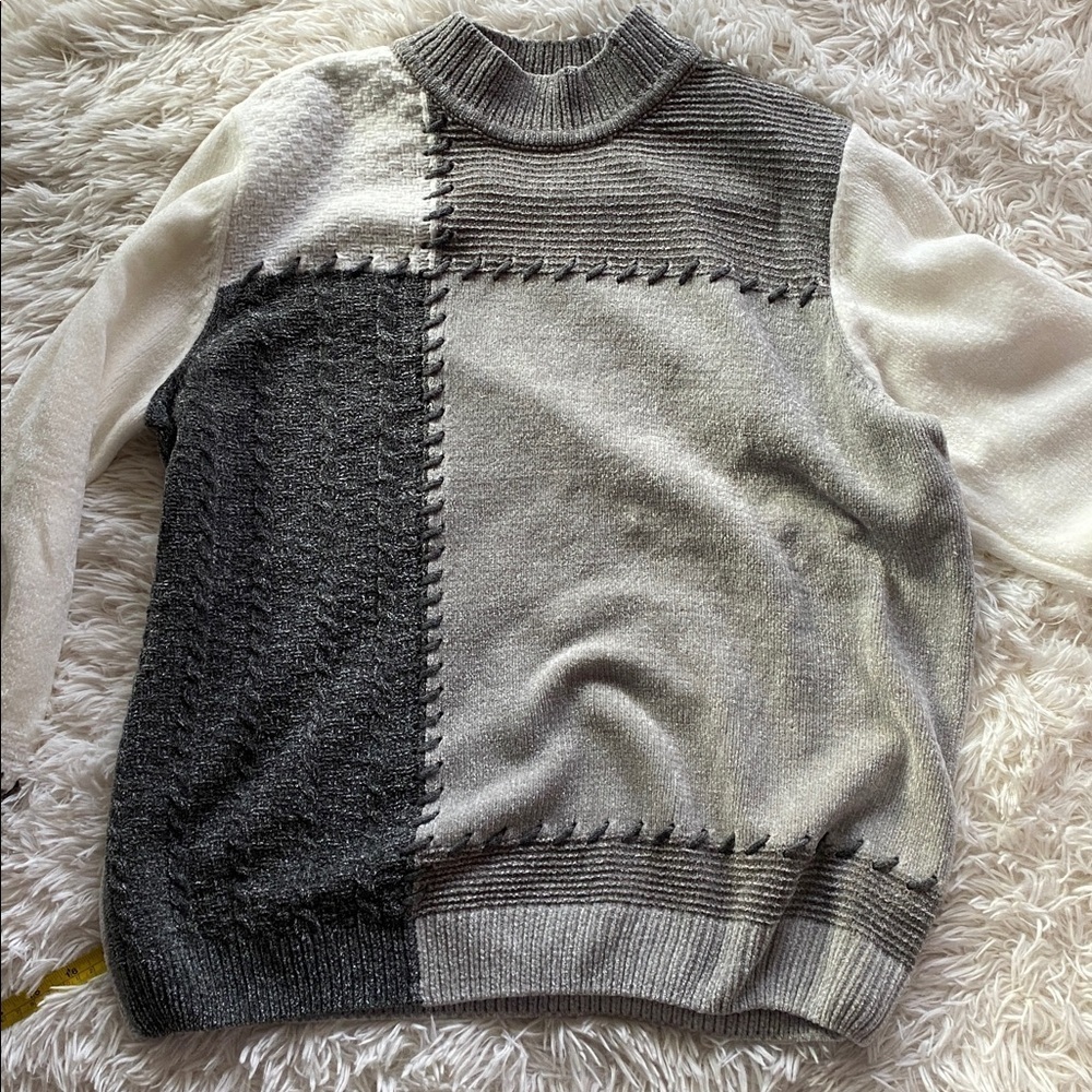 ALFRED DUNNER COLORBLOCK PATCHWORK MOCK TURTLENECK SWEATER  GRAY WHITE NWOT L